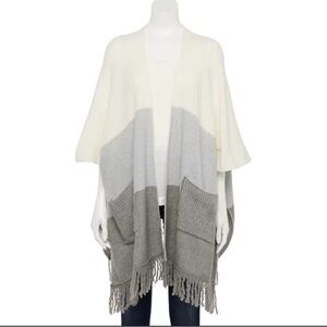 CJ Banks Colorblock Fringe Ruana in Cream, Light Gray & Gray